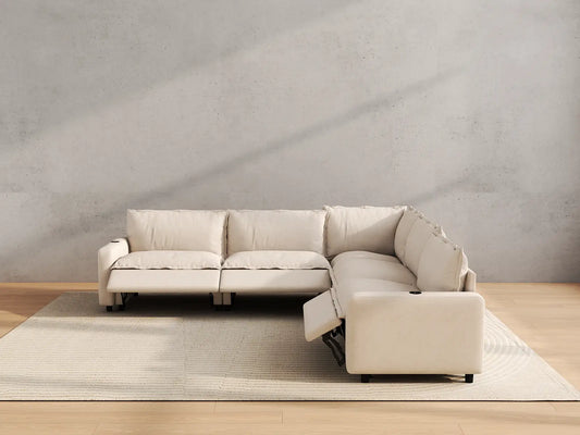 Modular Cero Reclining Sectionals | 5-Piece Beige Linen Large Space V-Shaped Sectionals 5-Seater