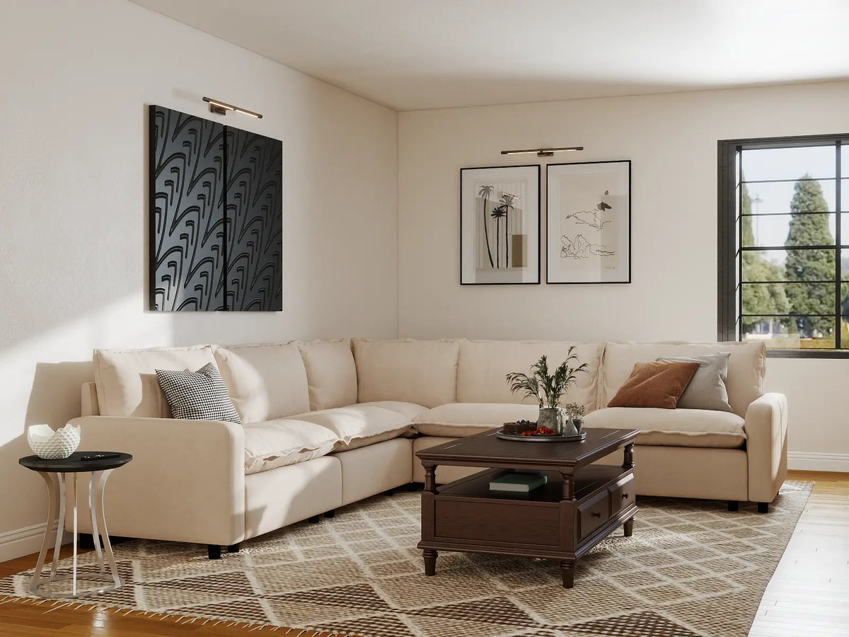 Modular Cero Modular Sectionals | 5-Piece Beige Linen Large Space V-Shaped Sectionals 5-Seater