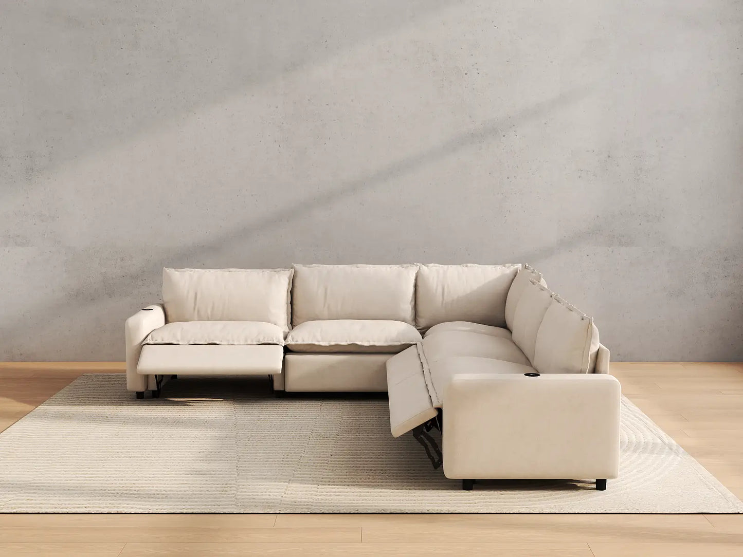 Modular Cero Reclining Sectionals | 5-Piece Beige Linen Large Space V-Shaped Sectionals 5-Seater