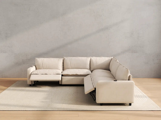 Modular Cero Reclining Sectionals | 5-Piece Beige Linen Large Space V-Shaped Sectionals 5-Seater