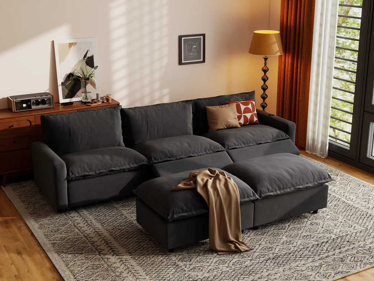 Modular Cero Reclining Sectionals | 5-Piece Grey Linen Grand Estate U-Shaped Sectionals 3-Seater with 2-Ottomans