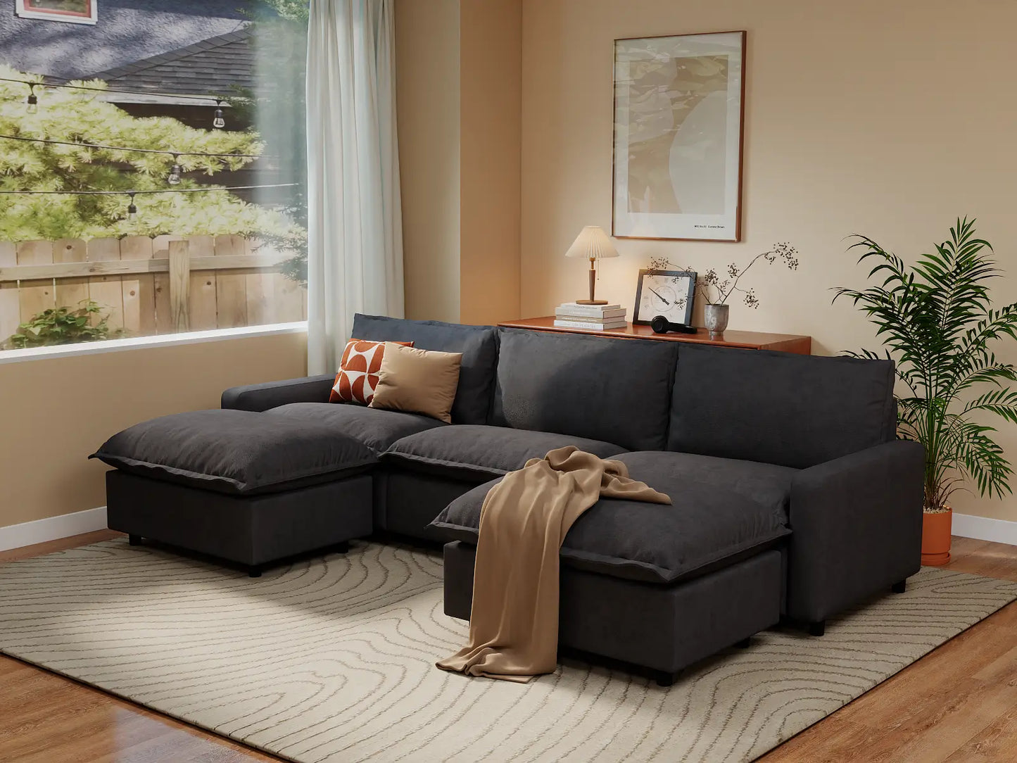 Modular Cero Modular Sectionals | 5-Piece Grey Linen Grand Estate U-Shaped Sectionals 3-Seater with 2-Ottomans