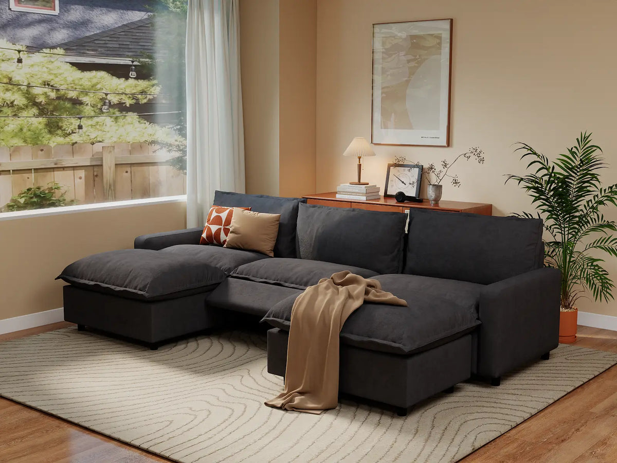 Modular Cero Reclining Sectionals | 5-Piece Grey Linen Grand Estate U-Shaped Sectionals 3-Seater with 2-Ottomans