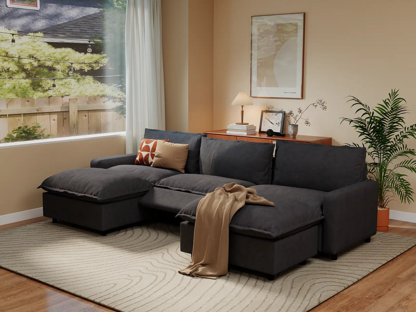 Modular Cero Reclining Sectionals | 5-Piece Grey Linen Grand Estate U-Shaped Sectionals 3-Seater with 2-Ottomans