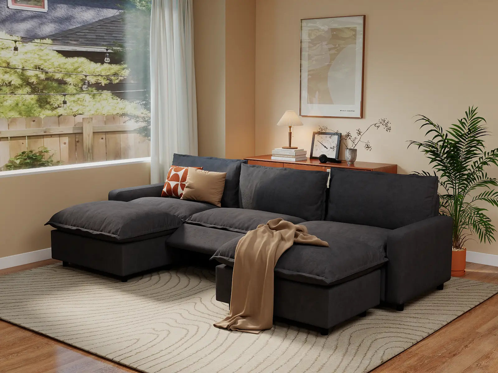 Modular Cero U Shaped Sectional Recliner | 5-Piece Grey Linen Grand Estate U-Shaped Sectionals 3-Seater with 2-Ottomans