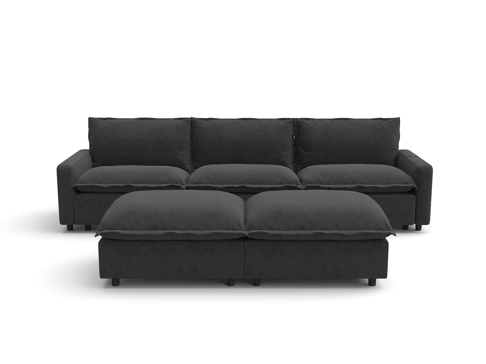 Modular Cero Sectional with Recliner and Chaise | 5-Piece Grey Linen Grand Estate U-Shaped Sectionals 3-Seater with 2-Ottomans
