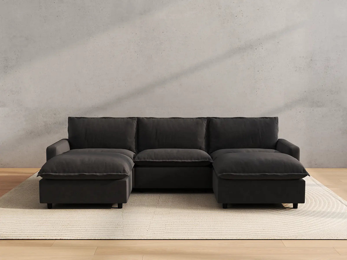 Modular Cero Modular Sectionals | 5-Piece Grey Linen Grand Estate U-Shaped Sectionals 3-Seater with 2-Ottomans