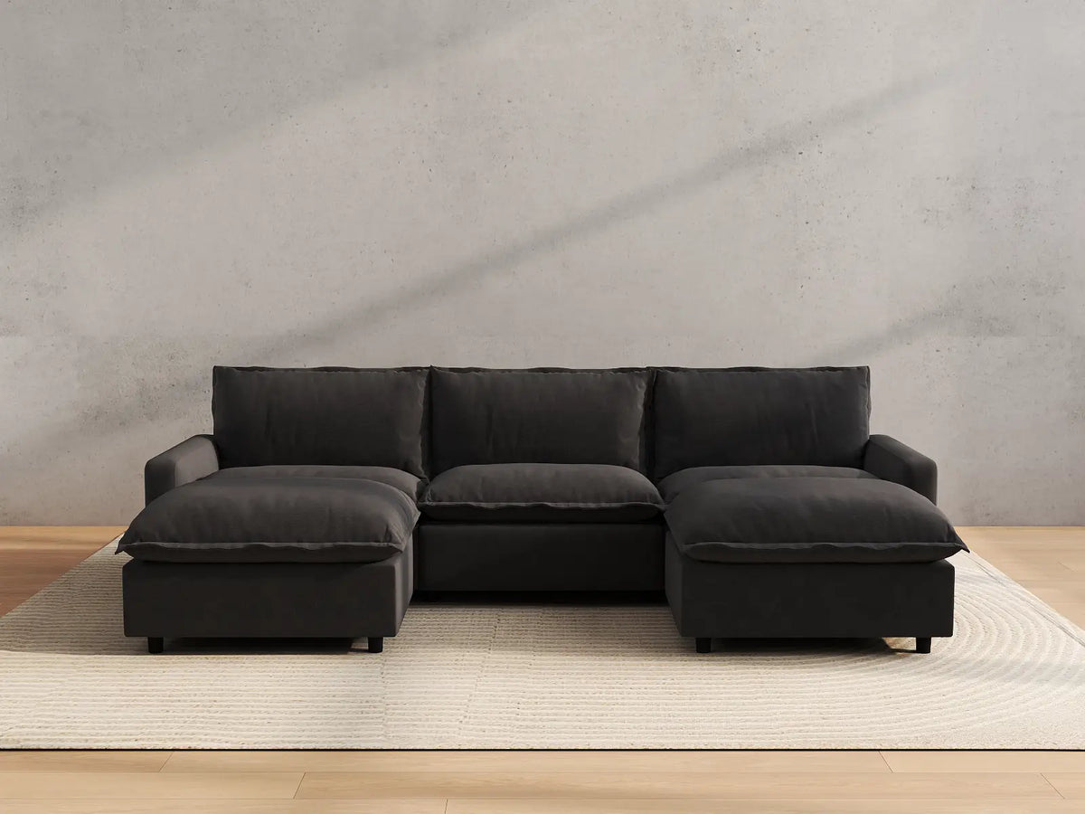 Modular Cero Reclining Sectionals | 5-Piece Grey Linen Grand Estate U-Shaped Sectionals 3-Seater with 2-Ottomans