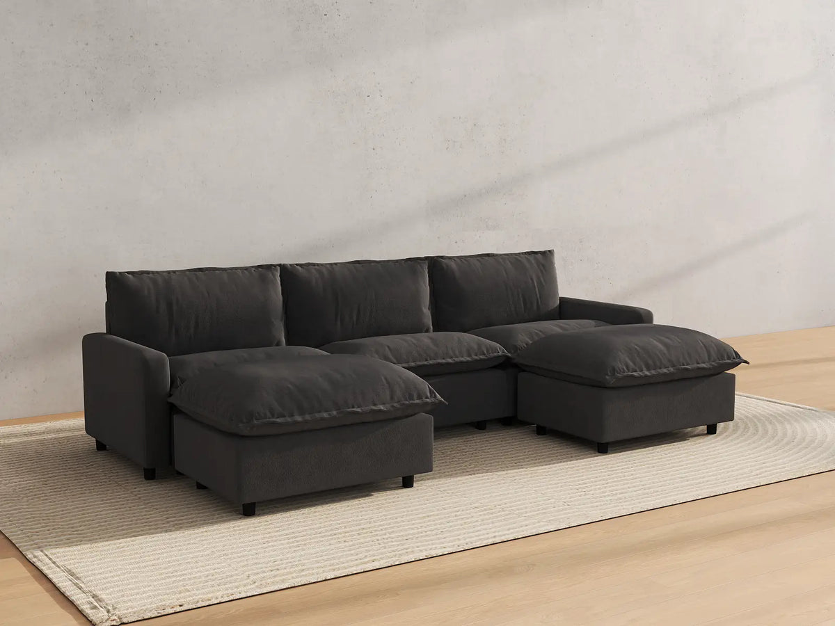 Modular Cero Modular Sectionals | 5-Piece Grey Linen Grand Estate U-Shaped Sectionals 3-Seater with 2-Ottomans