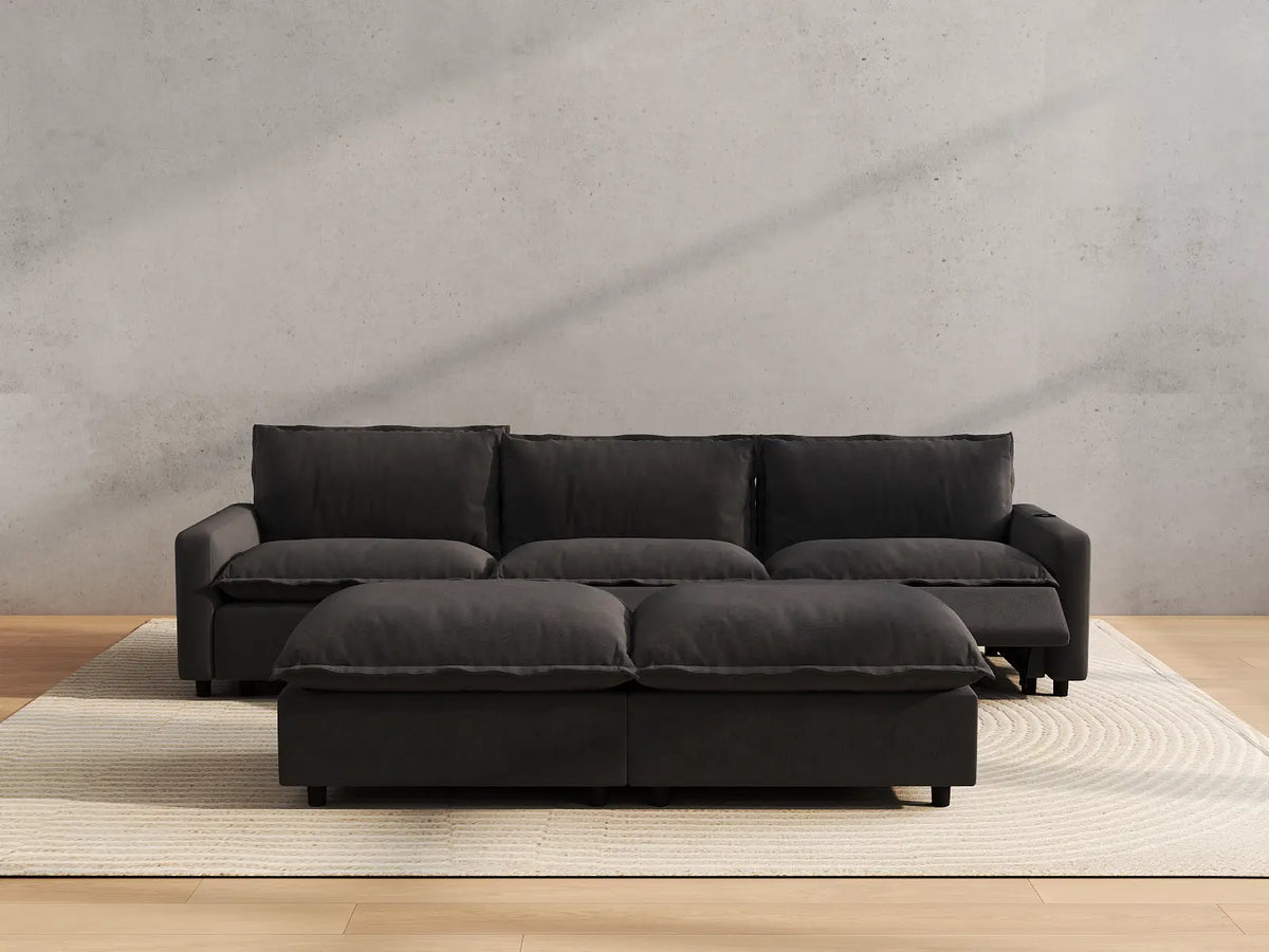 Modular Cero Reclining Sectionals | 5-Piece Grey Linen Grand Estate U-Shaped Sectionals 3-Seater with 2-Ottomans
