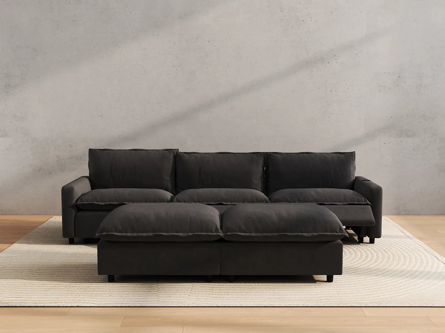 Modular Cero Reclining Sectionals | 5-Piece Grey Linen Grand Estate U-Shaped Sectionals 3-Seater with 2-Ottomans