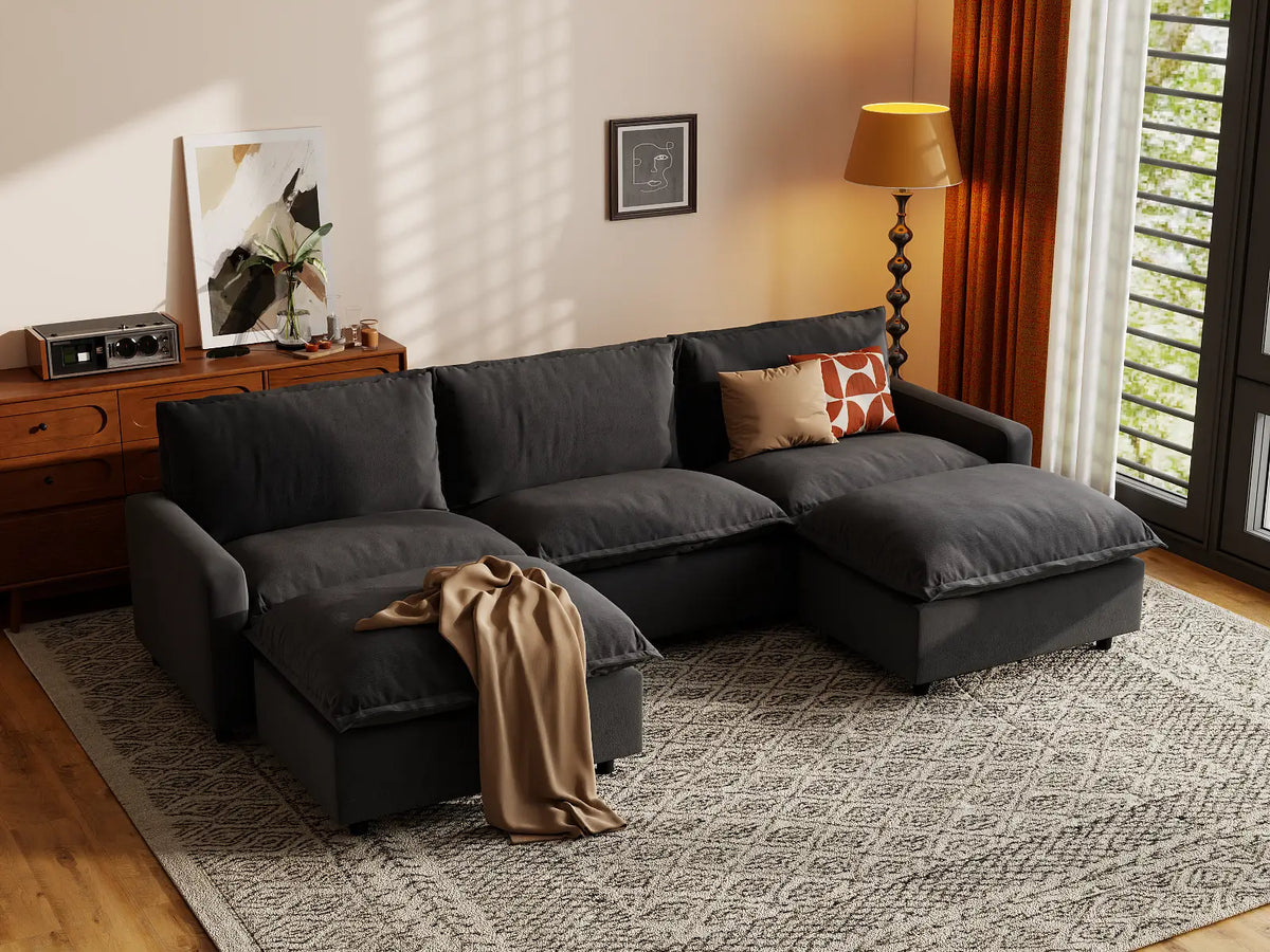 Modular Cero Modular Sectionals | 5-Piece Grey Linen Grand Estate U-Shaped Sectionals 3-Seater with 2-Ottomans
