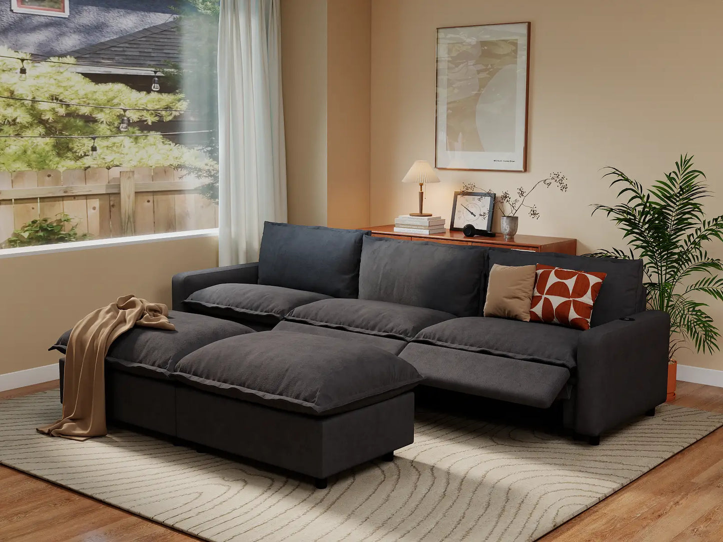 Modular Cero Reclining Sectionals | 5-Piece Grey Linen Grand Estate U-Shaped Sectionals 3-Seater with 2-Ottomans