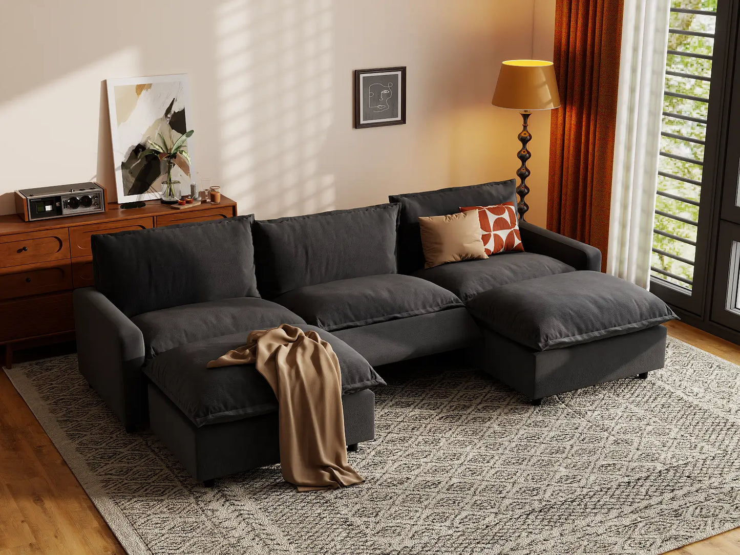 Modular Cero Reclining Sectionals | 5-Piece Grey Linen Grand Estate U-Shaped Sectionals 3-Seater with 2-Ottomans
