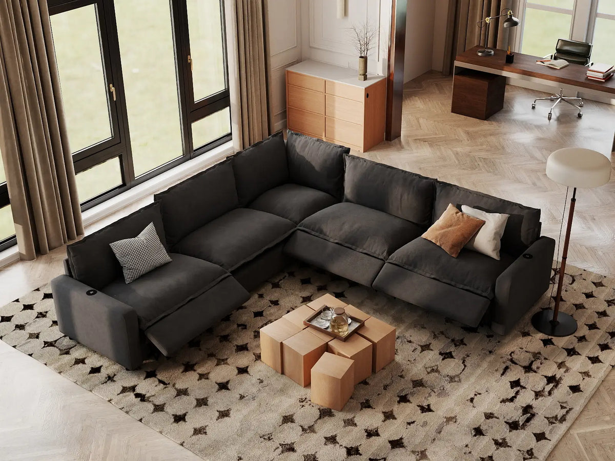 Modular Cero Reclining Sectionals | 5-Piece Grey Linen Grand Estate V-Shaped Sectionals 5-Seater