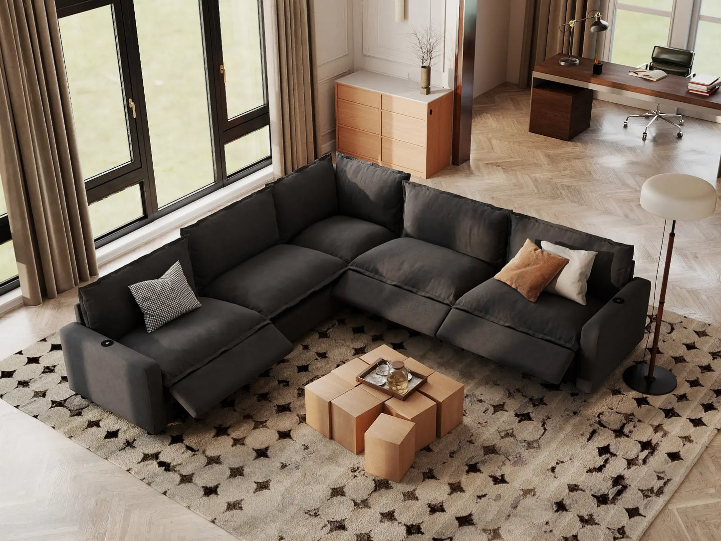 Modular Cero Reclining Sectionals | 5-Piece Grey Linen Grand Estate V-Shaped Sectionals 5-Seater