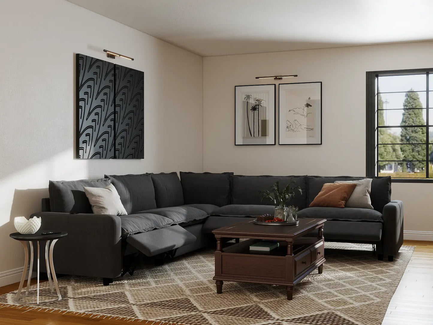 Modular Cero Reclining Sectionals | 5-Piece Grey Linen Grand Estate V-Shaped Sectionals 5-Seater