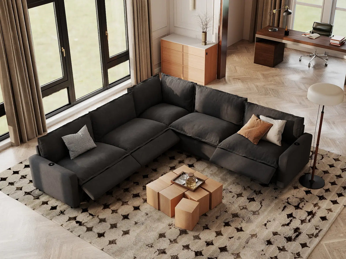 Modular Cero Reclining Sectionals | 5-Piece Grey Linen Grand Estate V-Shaped Sectionals 5-Seater