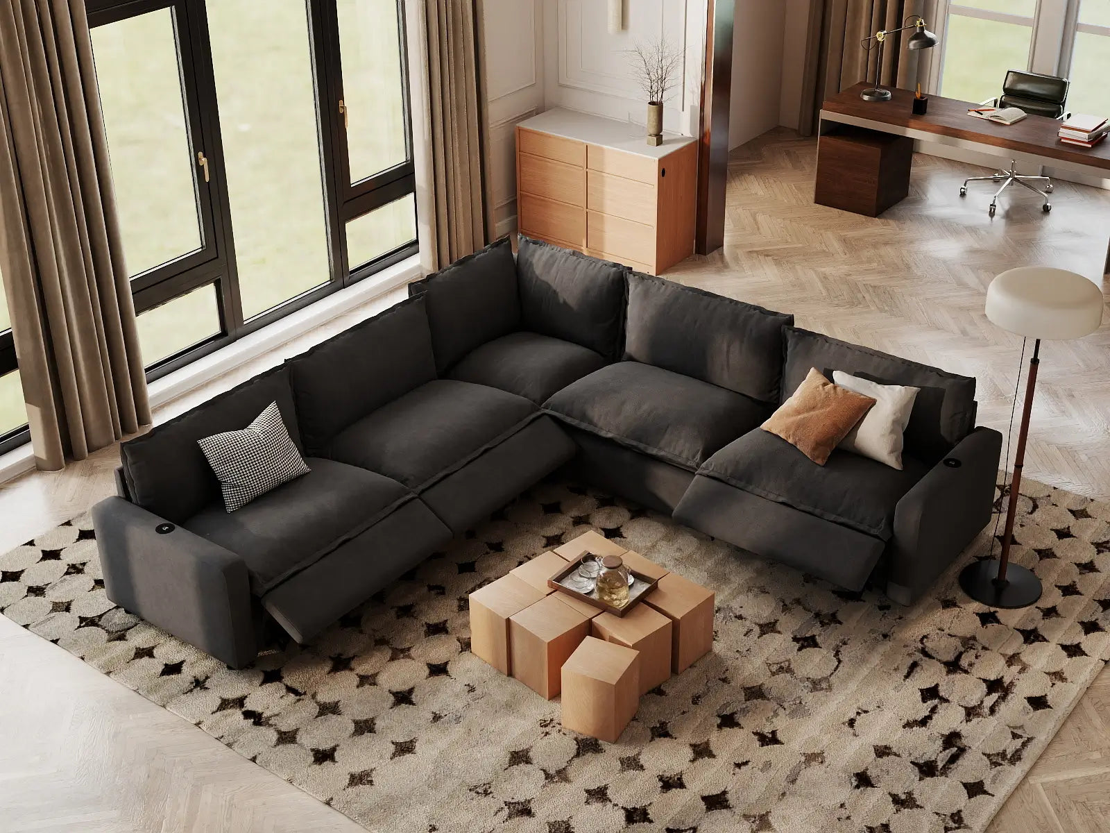 Modular Cero Reclining Sectionals | 5-Piece Grey Linen Grand Estate V-Shaped Sectionals 5-Seater