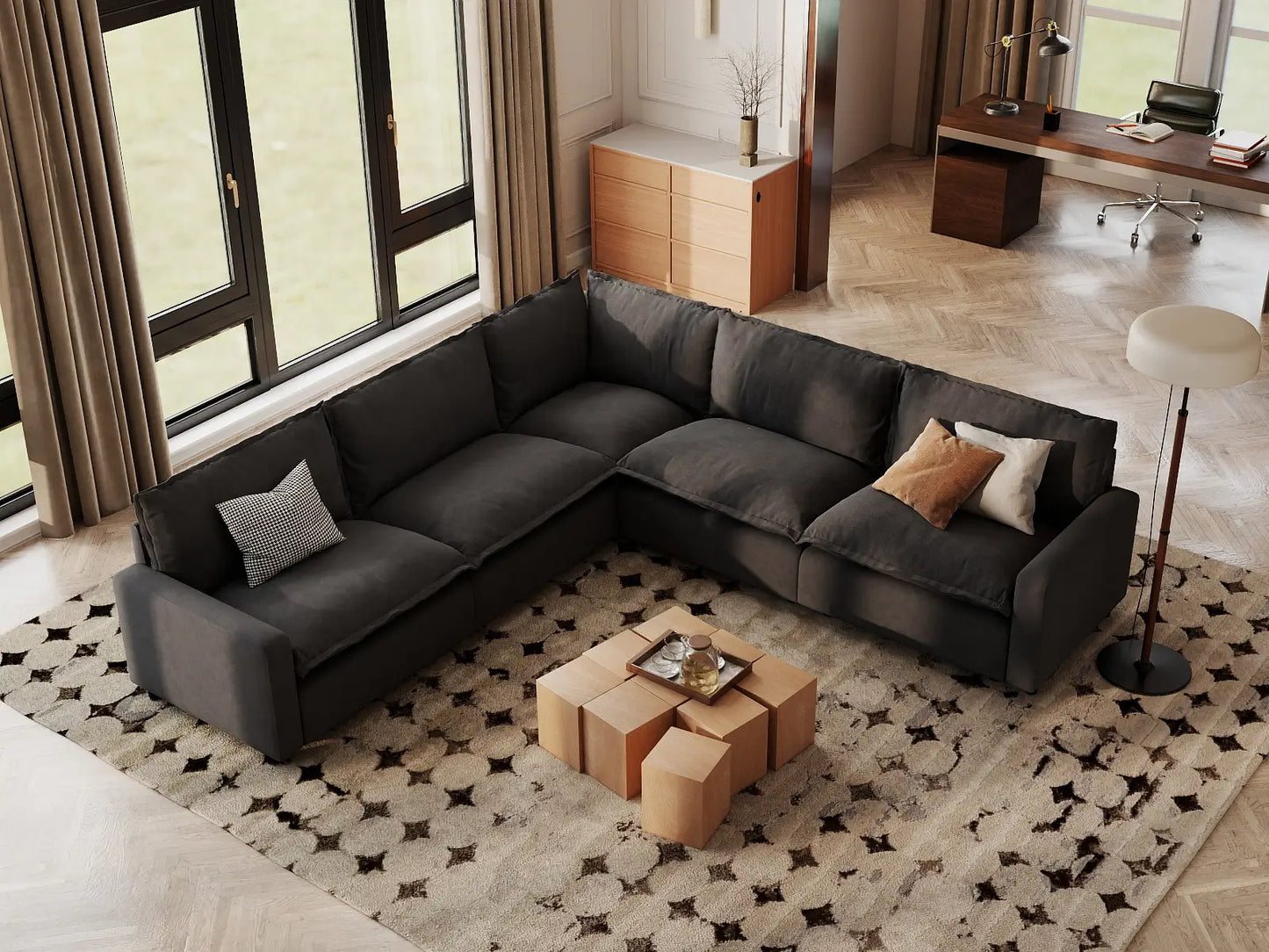 Modular Cero Modular Sectional | 5-Piece Grey Linen Grand Estate V-Shaped Sectionals 5-Seater