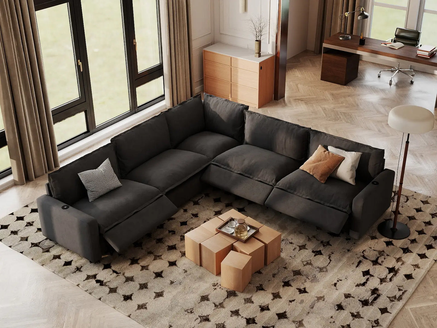 Modular Cero Reclining Sectionals | 5-Piece Grey Linen Grand Estate V-Shaped Sectionals 5-Seater