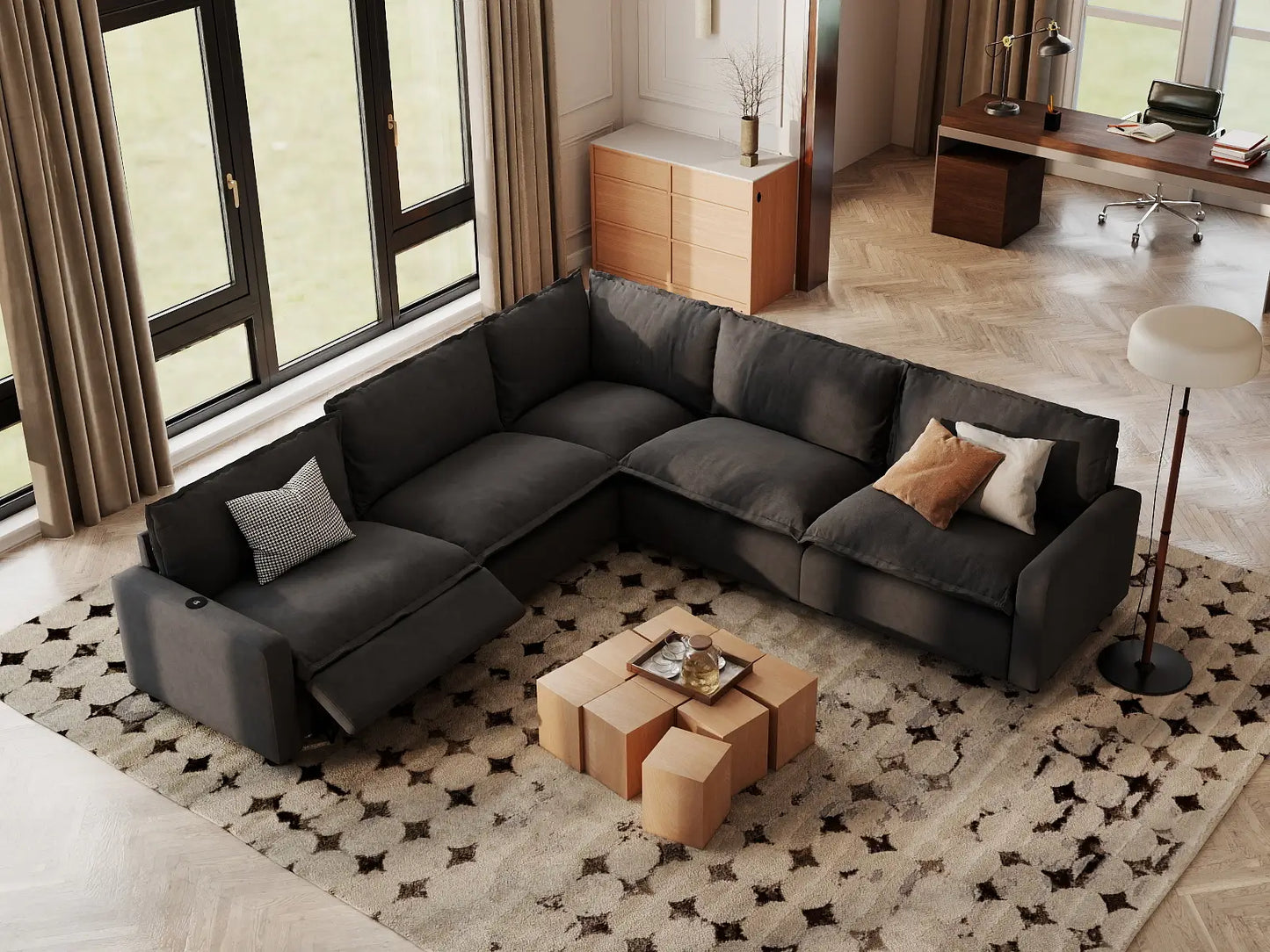 Modular Cero Reclining Sectionals | 5-Piece Grey Linen Grand Estate V-Shaped Sectionals 5-Seater