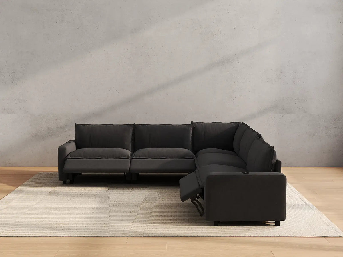 Modular Cero Reclining Sectionals | 5-Piece Grey Linen Grand Estate V-Shaped Sectionals 5-Seater