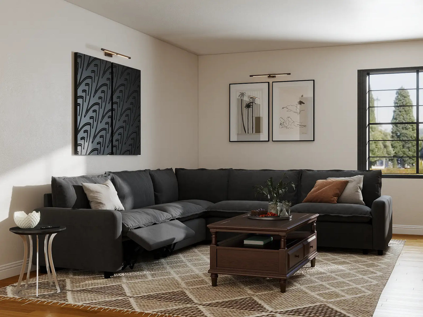 Modular Cero Reclining Sectionals | 5-Piece Grey Linen Grand Estate V-Shaped Sectionals 5-Seater