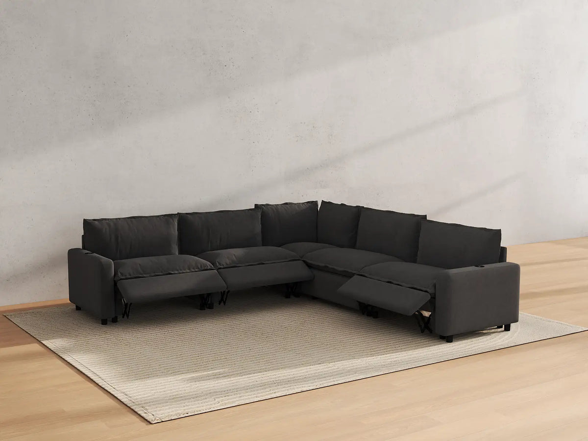 Modular Cero Reclining Sectionals | 5-Piece Grey Linen Grand Estate V-Shaped Sectionals 5-Seater