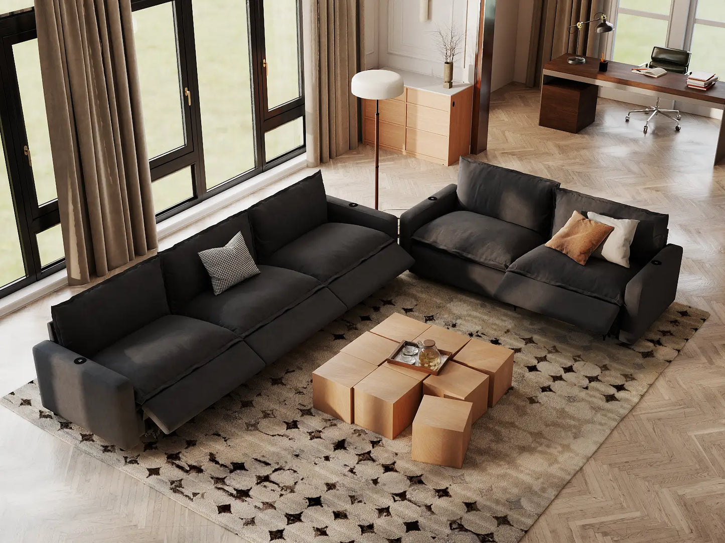Modular Cero Reclining Sectionals | 5-Piece Grey Linen Home Living Corner Sectionals 5-Seater