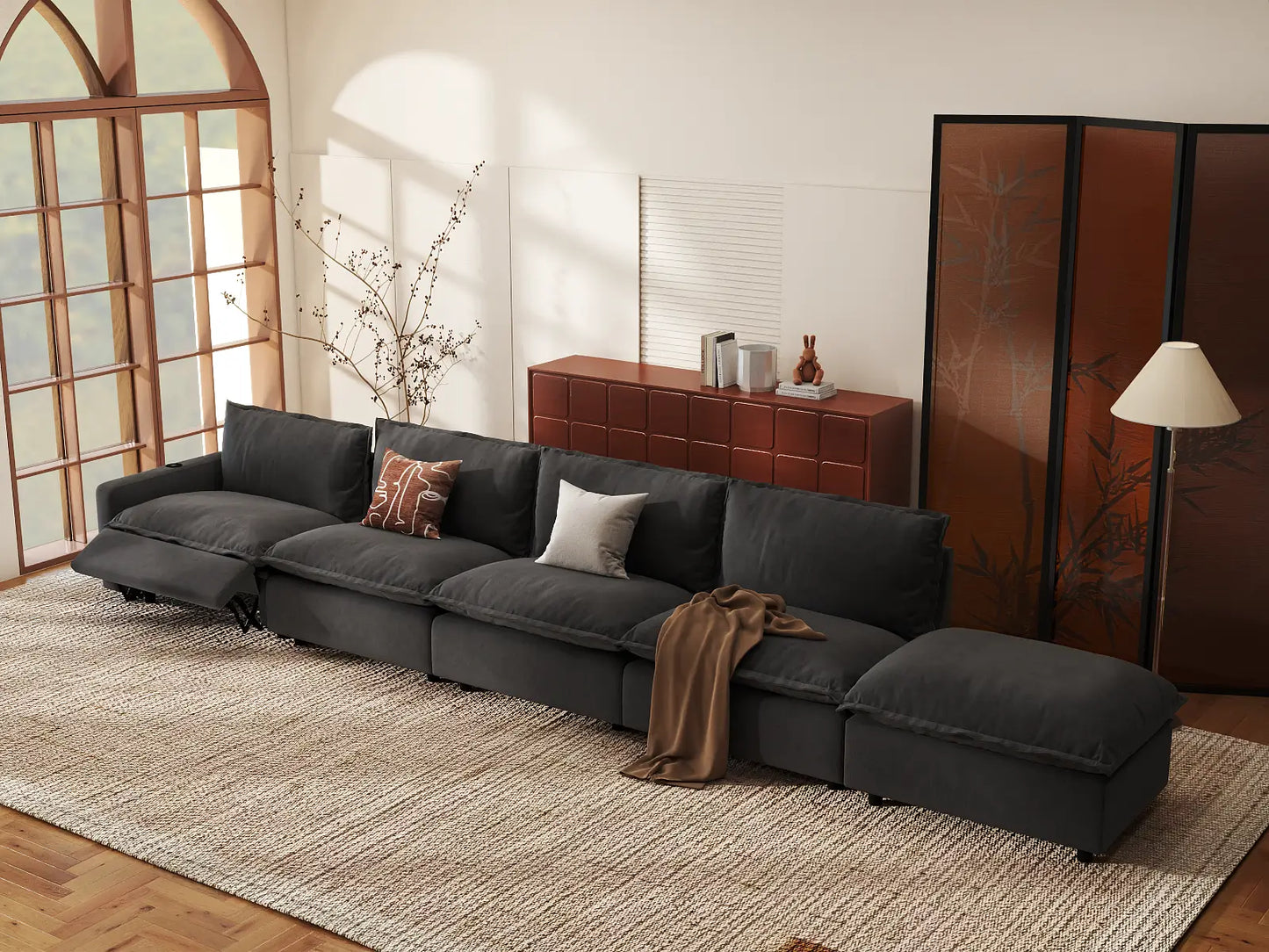 Modular Cero Reclining Sectionals | 5-Piece Grey Linen Home Living Couch Sectionals 4-Seater with 1-Ottoman