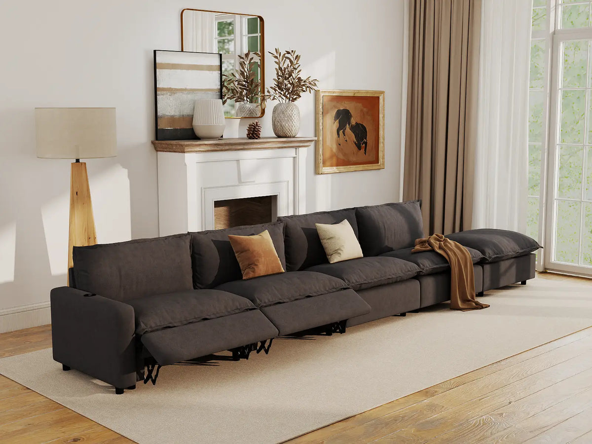 Modular Cero Reclining Sectionals | 5-Piece Grey Linen Home Living Couch Sectionals 4-Seater with 1-Ottoman
