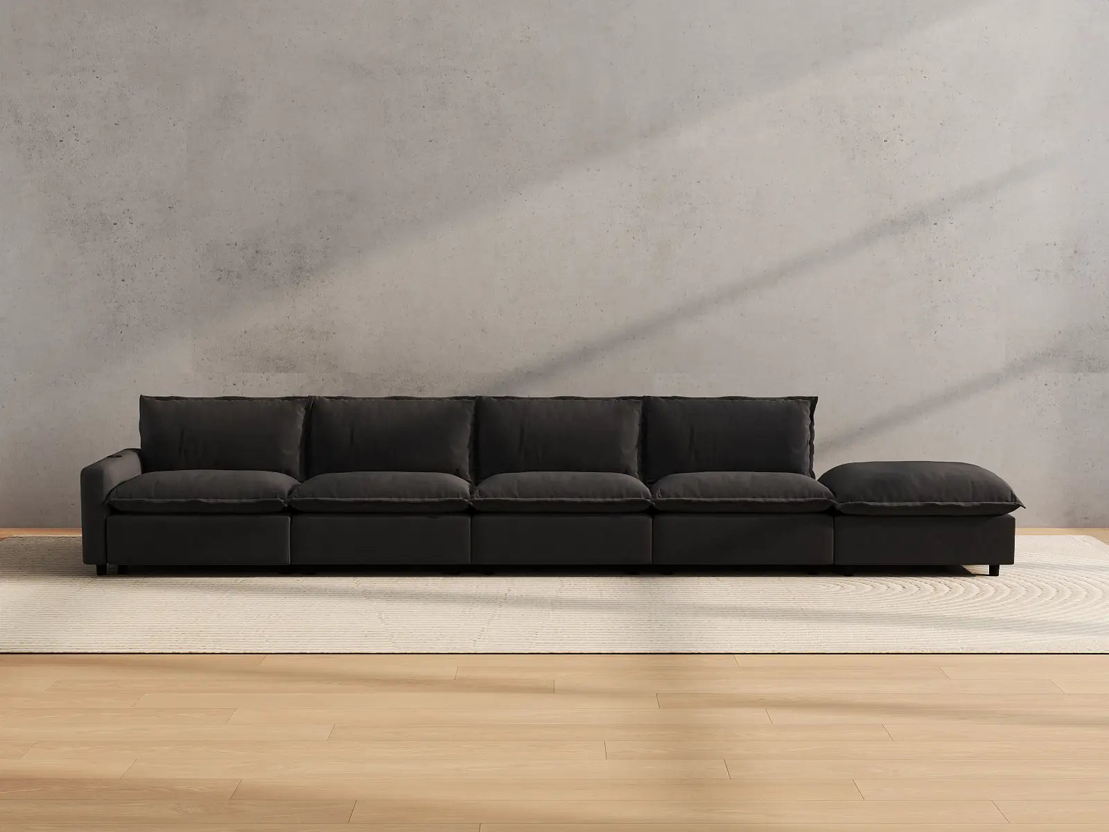 Modular Cero Large Sectional Couch with Recliner | 5-Piece Grey Linen Home Living Couch Sectionals 4-Seater with 1-Ottoman