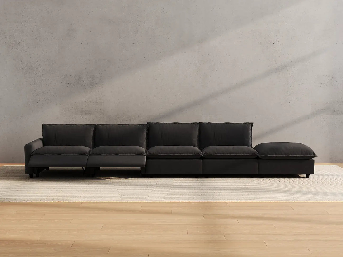 Modular Cero Reclining Sectionals | 5-Piece Grey Linen Home Living Couch Sectionals 4-Seater with 1-Ottoman