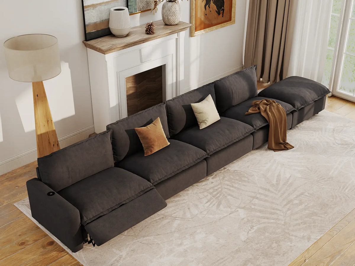 Modular Cero Reclining Sectionals | 5-Piece Grey Linen Home Living Couch Sectionals 4-Seater with 1-Ottoman