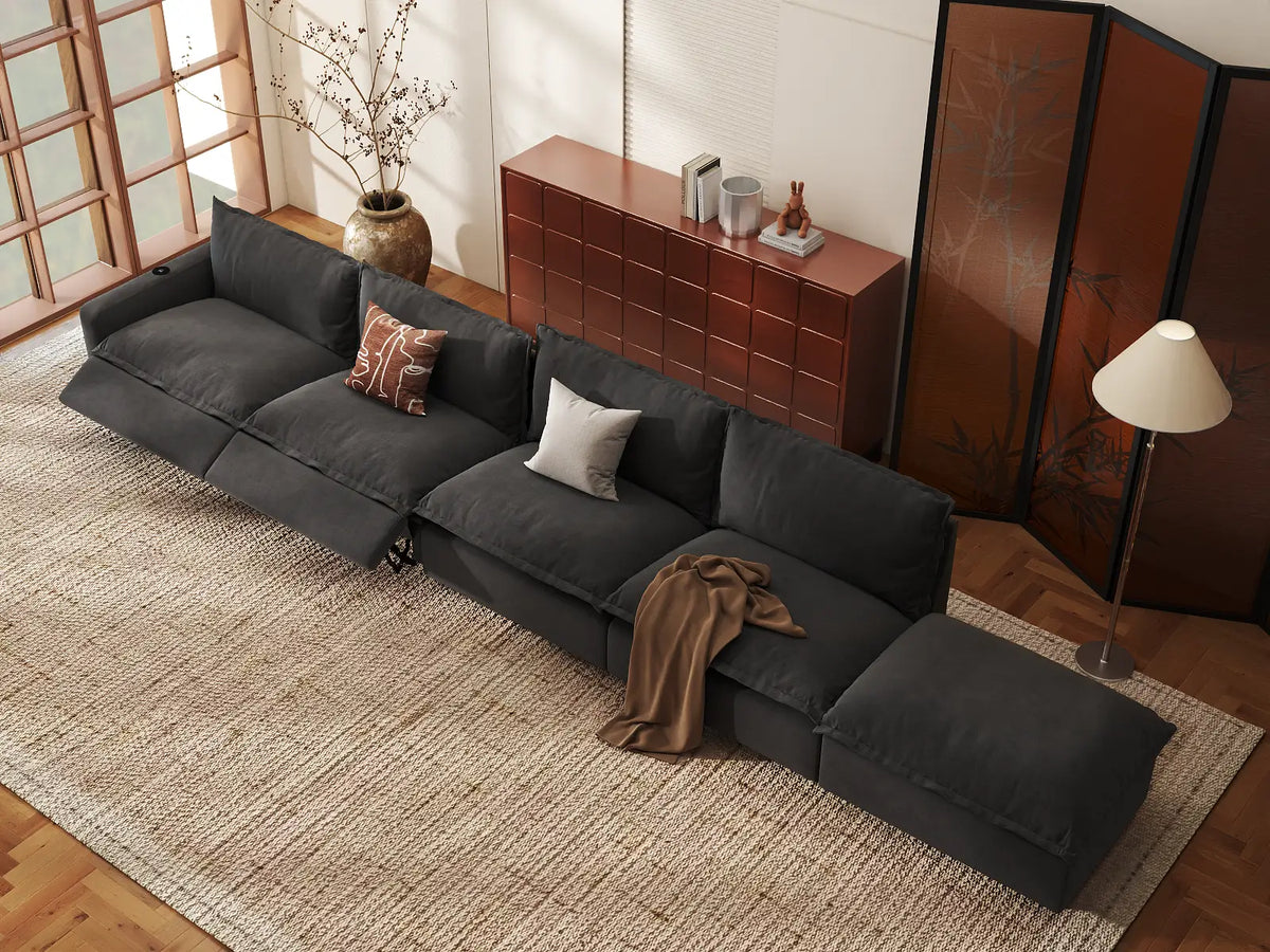 Modular Cero Reclining Sectionals | 5-Piece Grey Linen Home Living Couch Sectionals 4-Seater with 1-Ottoman