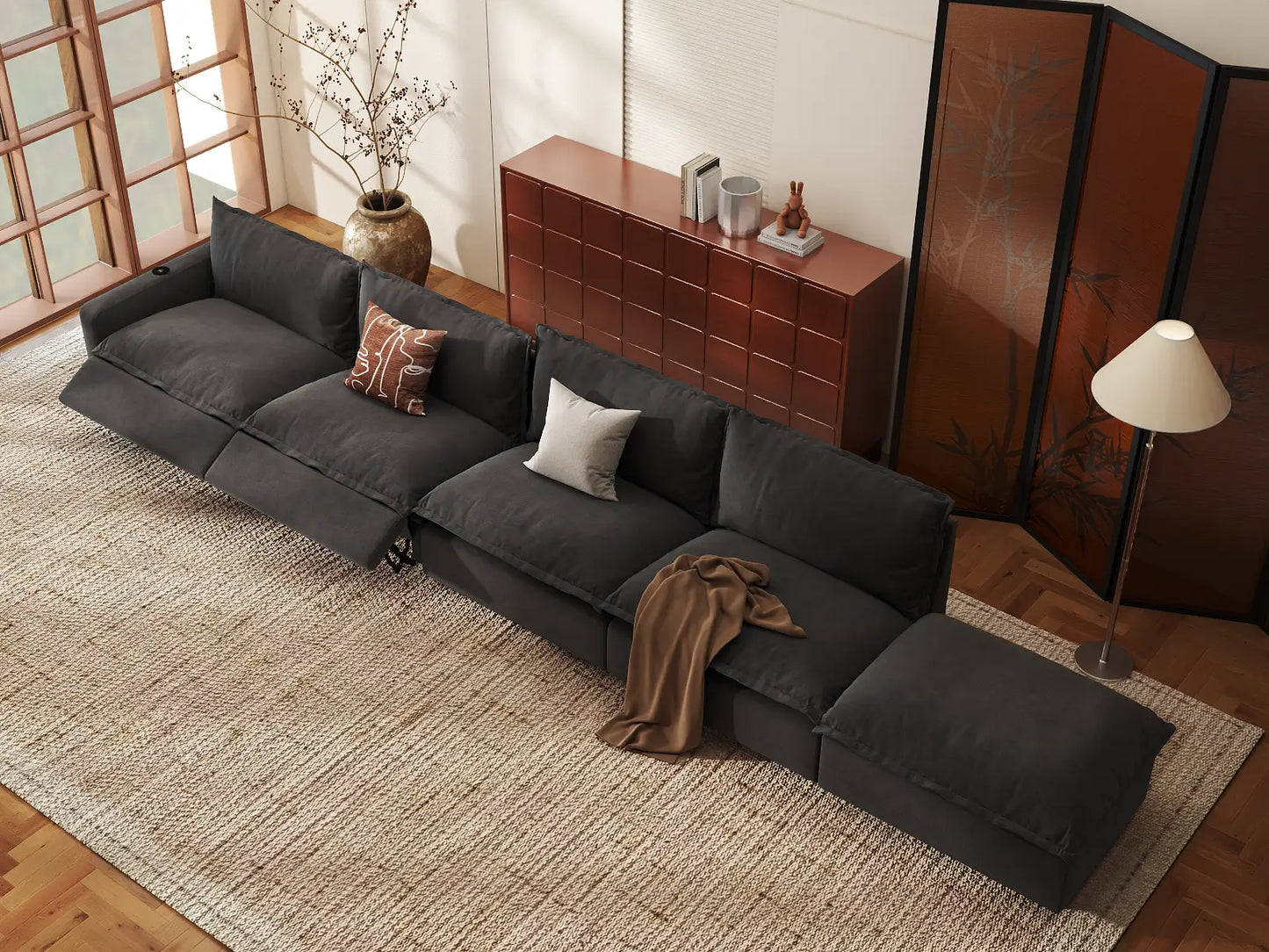Modular Cero Reclining Sectionals | 5-Piece Grey Linen Home Living Couch Sectionals 4-Seater with 1-Ottoman