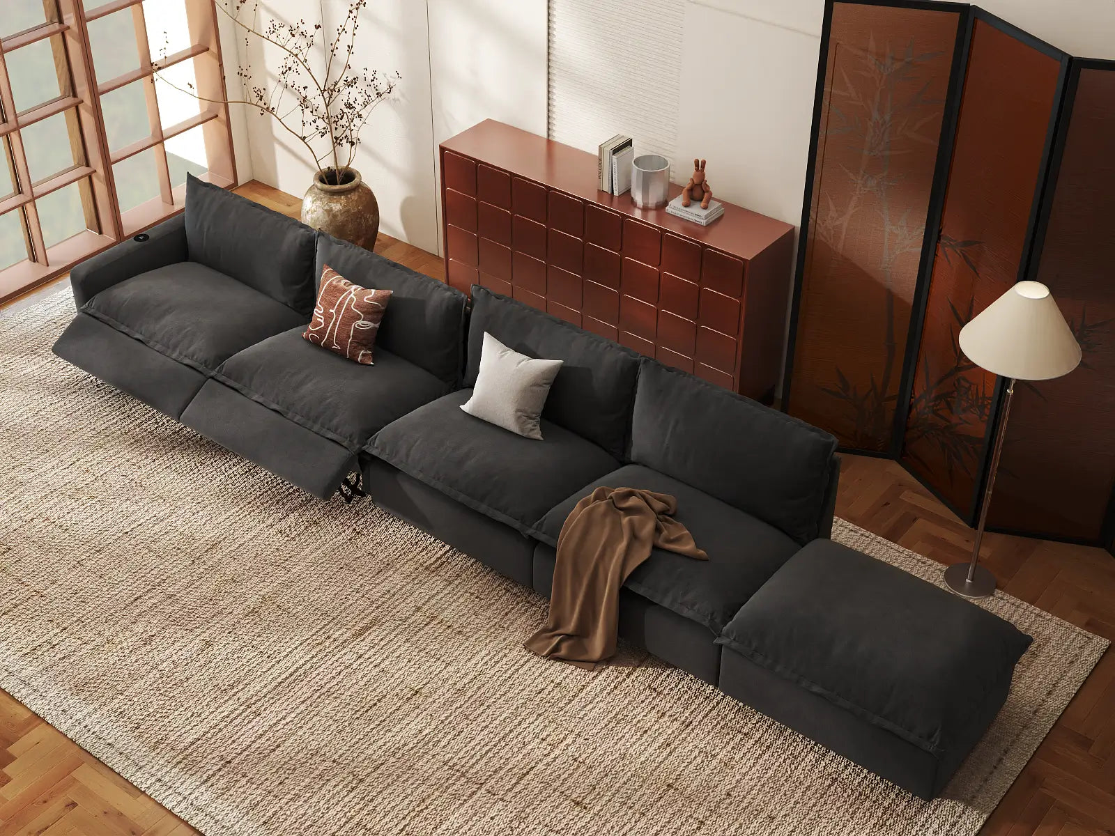 Modular Cero Sectional with Chaise and Recliner | 5-Piece Grey Linen Home Living Couch Sectionals 4-Seater with 1-Ottoman