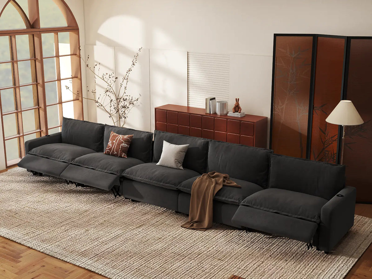 Modular Cero Reclining Sectionals | 5-Piece Grey Linen Home Living Couch Sectionals 5-Seater
