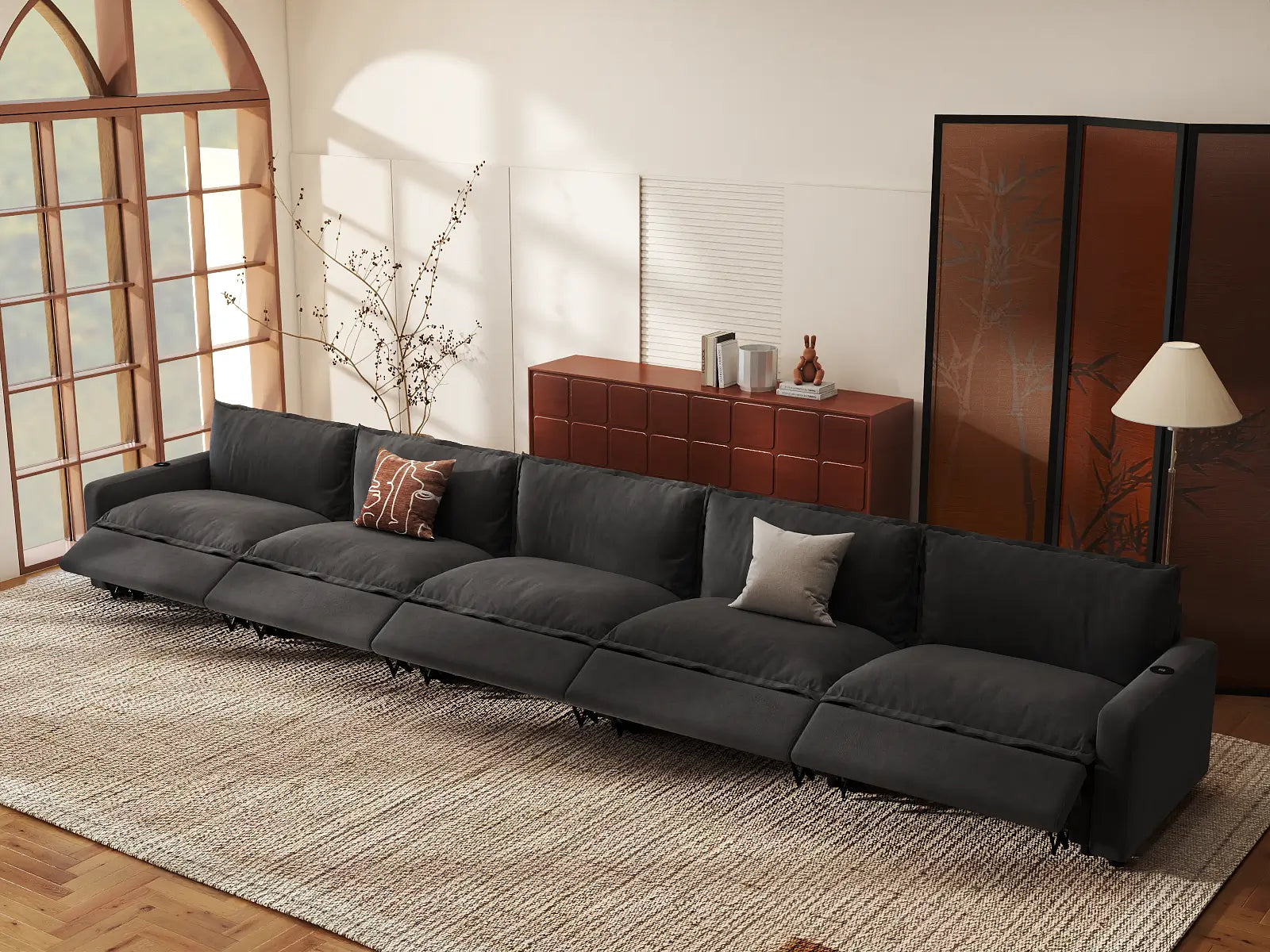 Modular Cero Reclining Sectionals | 5-Piece Grey Linen Home Living Couch Sectionals 5-Seater