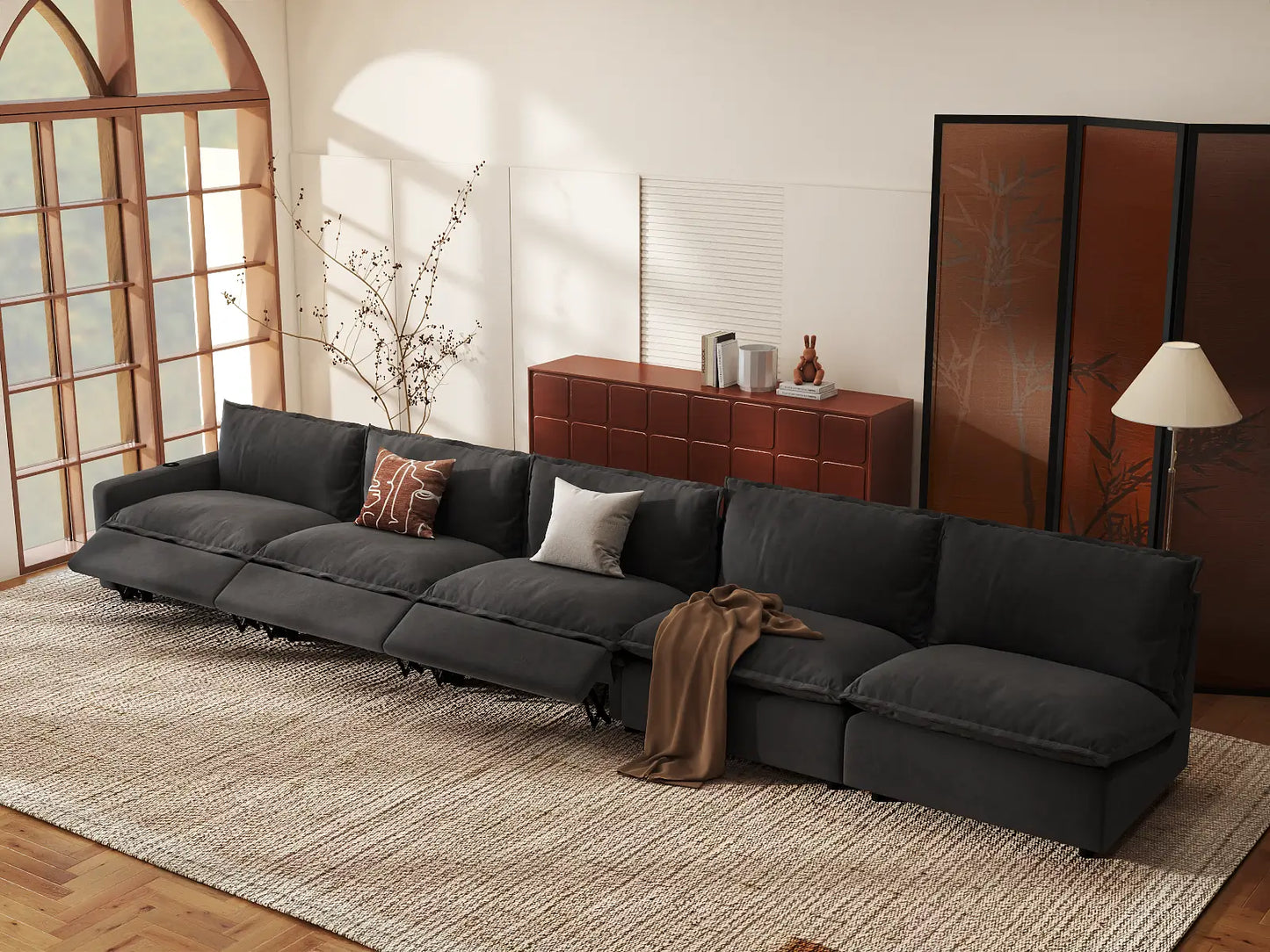 Modular Cero Reclining Sectionals | 5-Piece Grey Linen Home Living Couch Sectionals 5-Seater