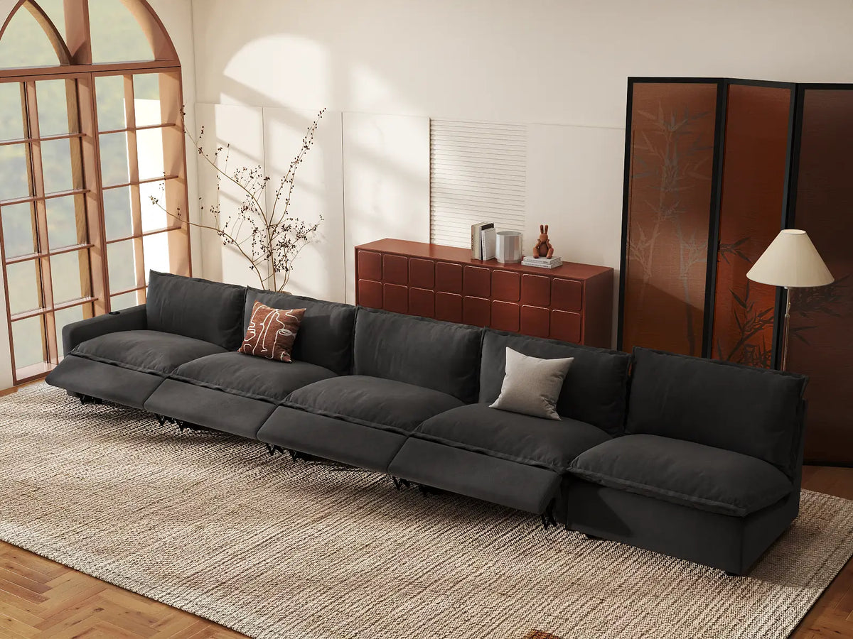 Modular Cero Sectional Couch and Recliner | 5-Piece Grey Linen Home Living Couch Sectionals 5-Seater