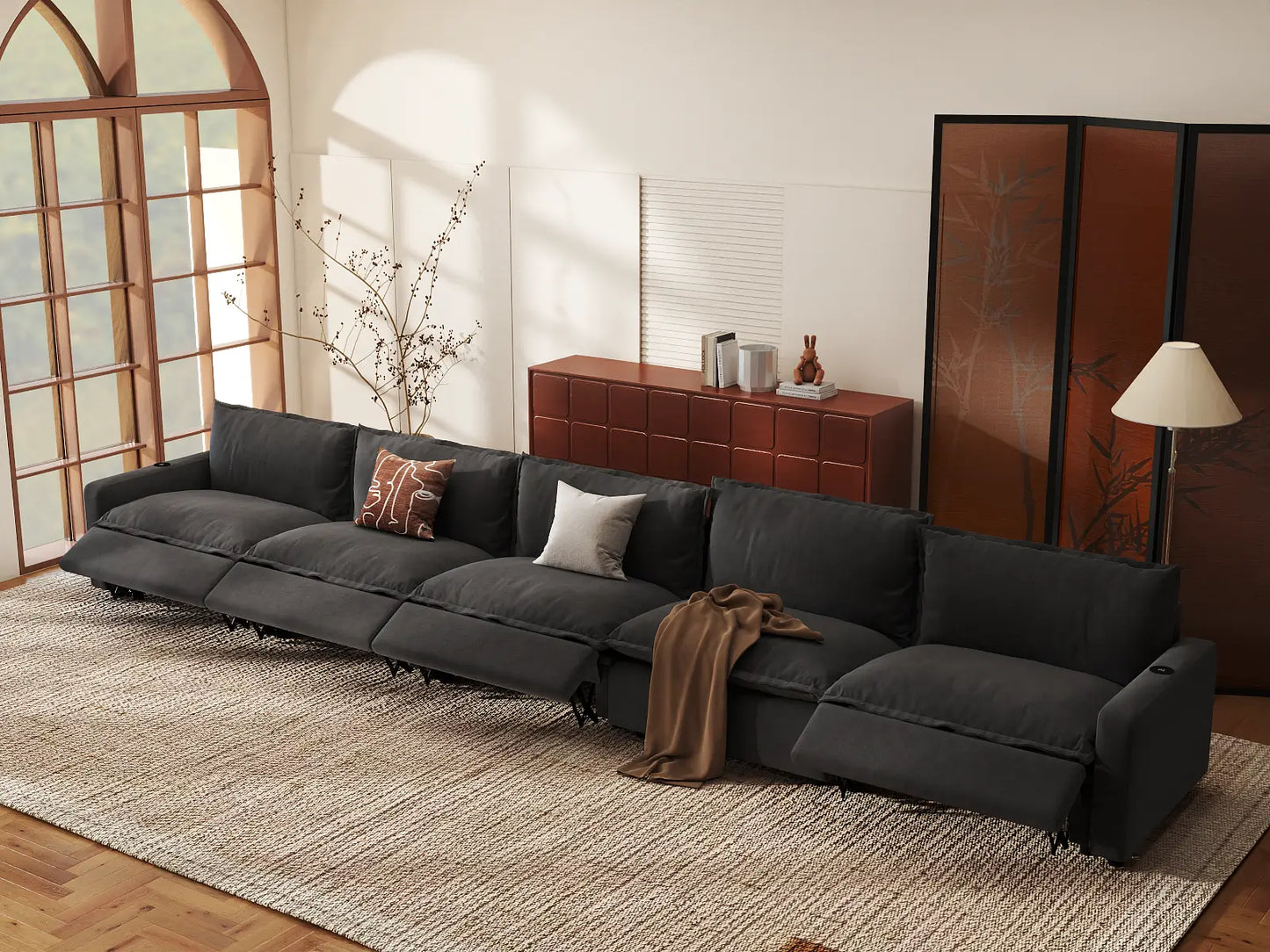 Modular Cero Reclining Sectionals | 5-Piece Grey Linen Home Living Couch Sectionals 5-Seater