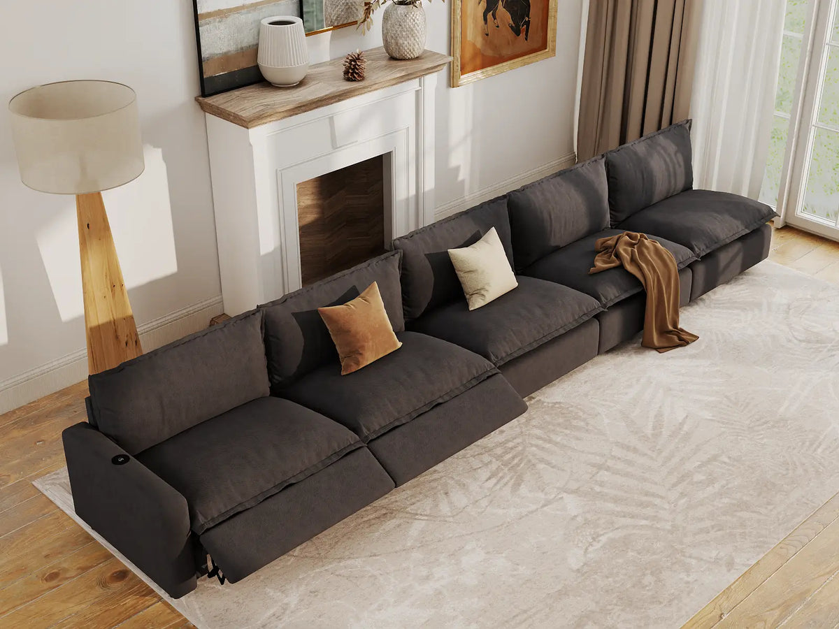 Modular Cero Sectional Couch with Recliner | 5-Piece Grey Linen Home Living Couch Sectionals 5-Seater