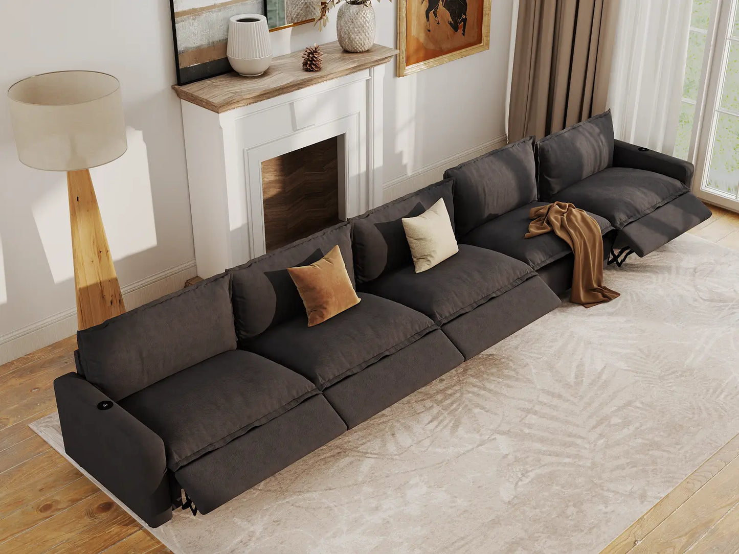 Modular Cero Reclining Sectionals | 5-Piece Grey Linen Home Living Couch Sectionals 5-Seater