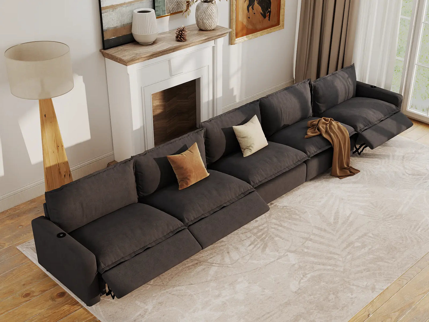Modular Cero Reclining Sectionals | 5-Piece Grey Linen Home Living Couch Sectionals 5-Seater