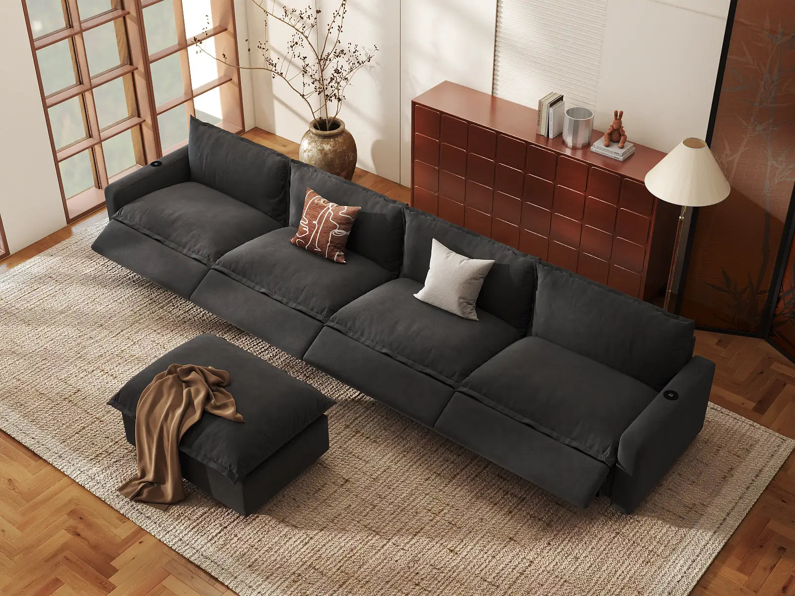 Modular Cero Reclining Sectionals | 5-Piece Grey Linen Home Living L-Shaped Sectionals 4-Seater with 1-Ottoman