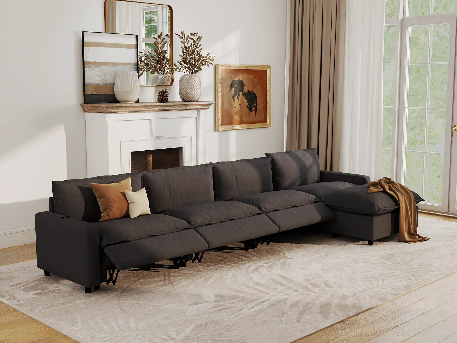 Modular Cero Sectional Sofa with Chaise and Recliner | 5-Piece Grey Linen Home Living L-Shaped Sectionals 4-Seater with 1-Ottoman