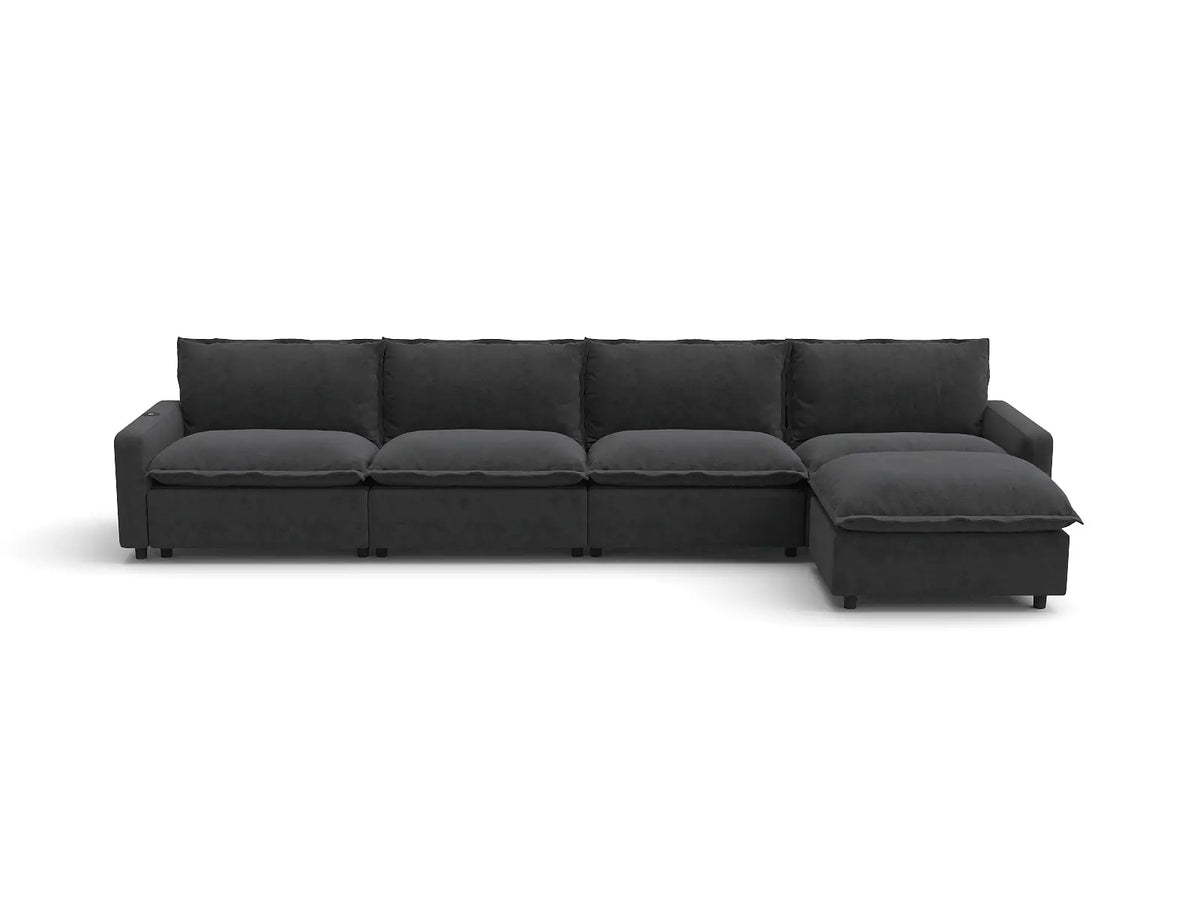 Modular Cero Reclining Sectionals | 5-Piece Grey Linen Home Living L-Shaped Sectionals 4-Seater with 1-Ottoman