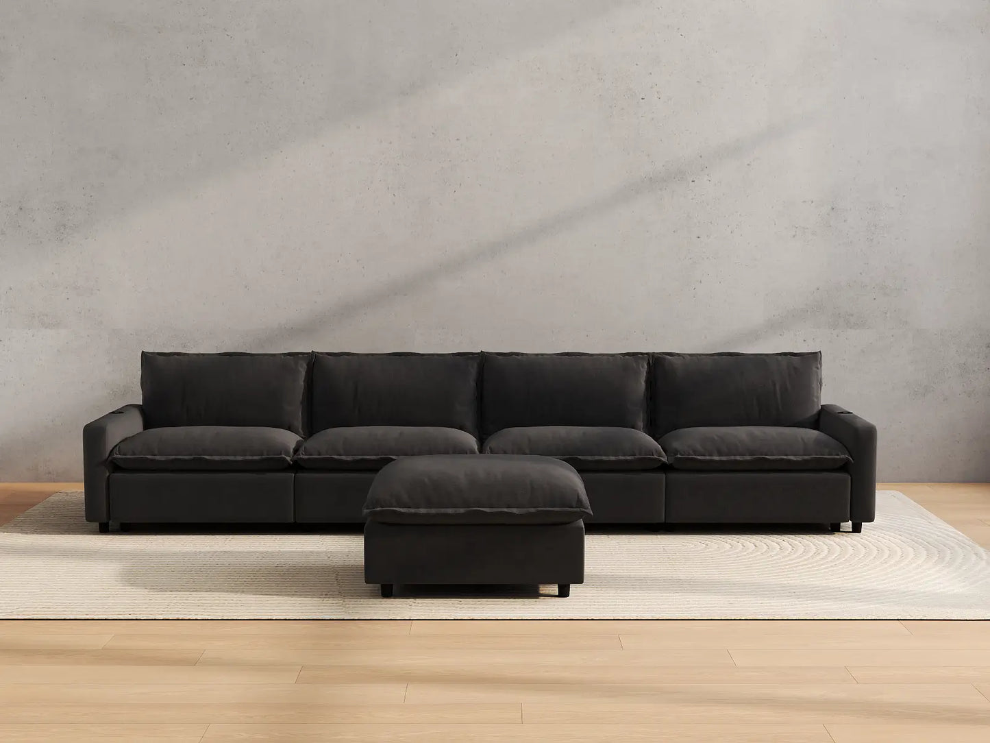 Modular Cero Reclining Sectionals | 5-Piece Grey Linen Home Living L-Shaped Sectionals 4-Seater with 1-Ottoman